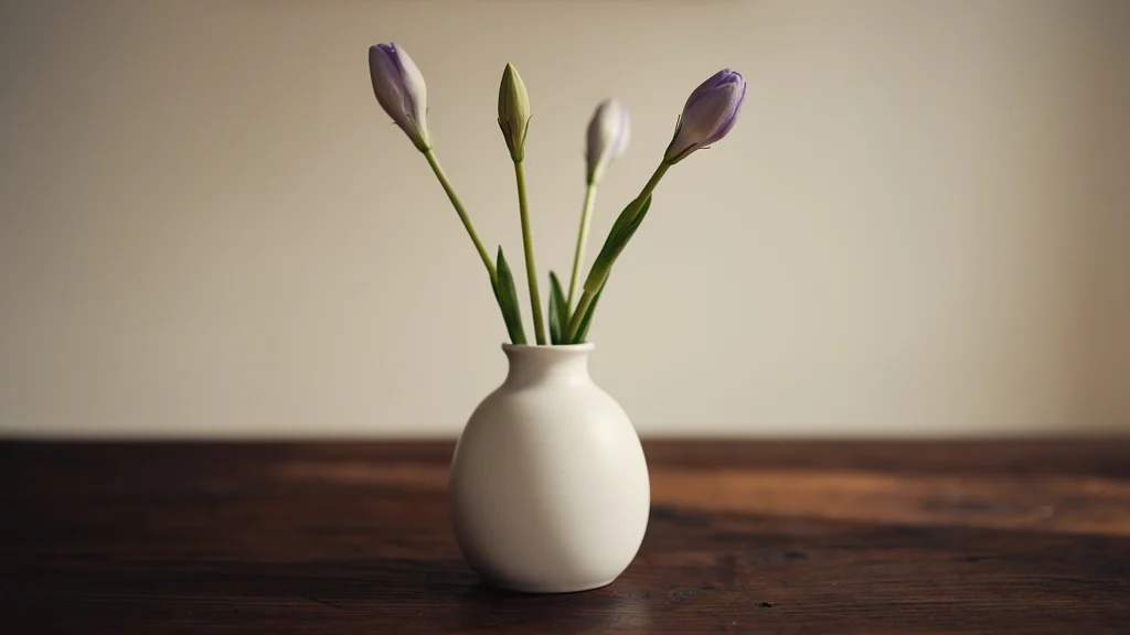 Orquídea com botões em vaso de plantas pequeno sobre mesa ||| Vaso branco fosco pequeno sobre mesa de madeira escura, planta com hastes longas e botões fechados em tons lilás, luz difusa de ambiente interno, composição minimalista, fundo neutro levemente desfocado