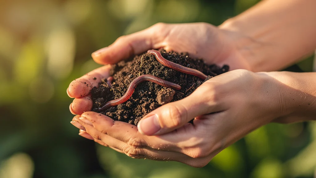 Vitamina para plantas de vaso - mãos segurando terra escura com minhocas sobre jardim verde ||| Mãos femininas de pele clara segurando punhado de terra escura úmida com pequenas minhocas visíveis, fundo com folhagem verde desfocada, luz natural suave de fim de tarde, fotografia close editorial
