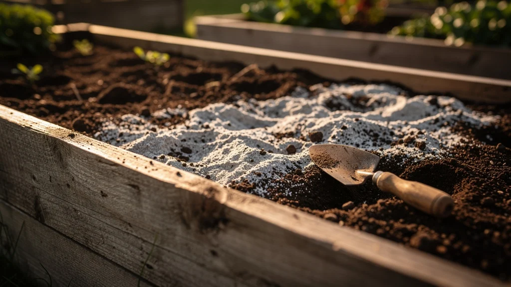 Cinza de madeira é boa para plantas quando aplicada corretamente no canteiro ||| Canteiro de horta em madeira rústica com terra revolvida, espátula de jardim ao lado, pó esbranquiçado misturado à terra escura, luz dourada de fim de tarde, composição fotográfica próxima ao solo, estética natural e orgânica