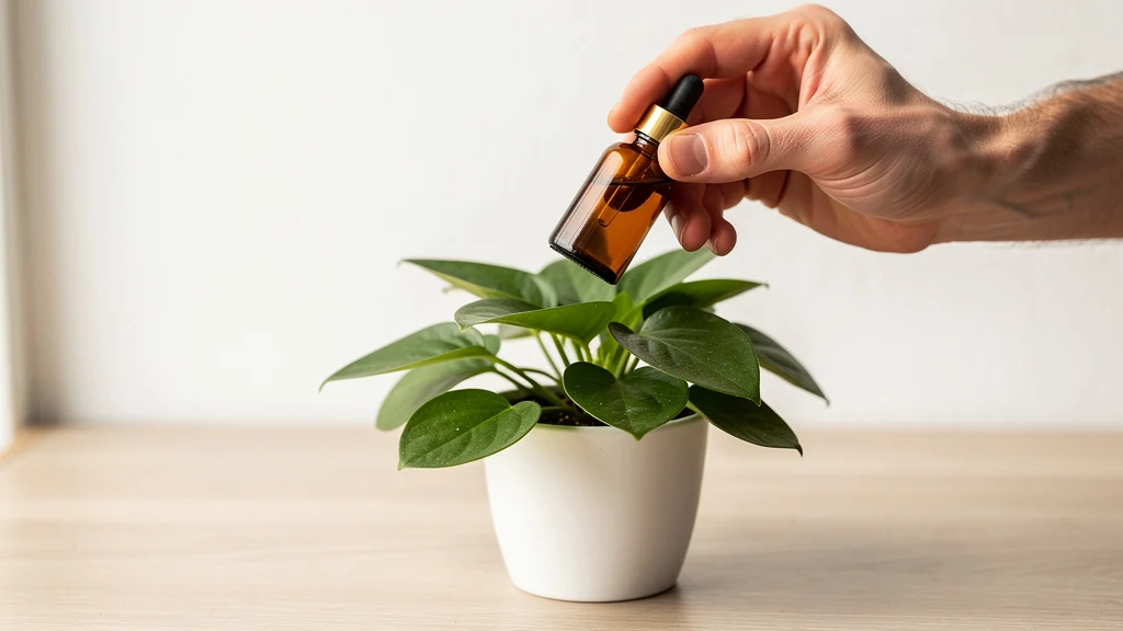 Vitamina para plantas NPK - fertilizante líquido sendo aplicado em vaso com planta verde saudável ||| Mão masculina segurando pequeno frasco de vidro âmbar inclinado sobre vaso de cerâmica branca com planta de folhas largas e verdes, bancada de madeira clara, luz de janela suave, fundo neutro off-white, fotografia editorial minimalista