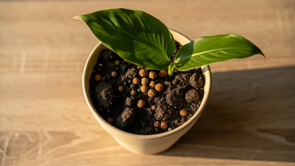 Substrato de qualidade com drenagem adequada em vaso com planta tropical ||| Vista de cima de vaso de cerâmica bege com terra escura solta e texturizada, pequenas pedrinhas de argila expandida visíveis na superfície, folha verde larga saindo do centro, mesa de madeira natural ao fundo, luz natural quente