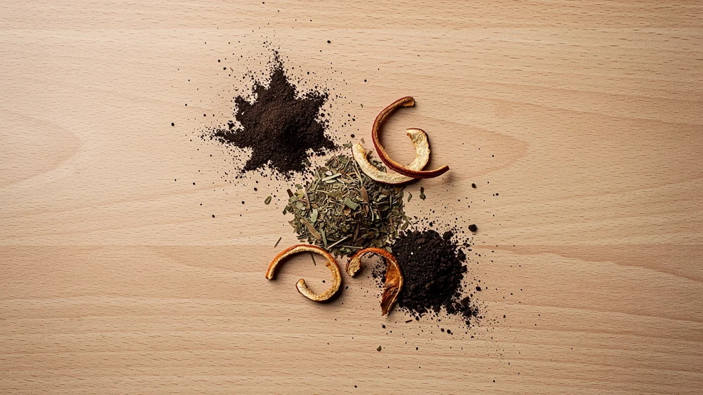 Compostagem e adubação orgânica com ingredientes naturais como borra de café e cascas sobre mesa ||| Superfície de madeira clara com pequenos montes de pó escuro, cascas secas de frutas, folhas trituradas e terra escura, luz de estúdio difusa vinda de cima, composição flat lay minimalista