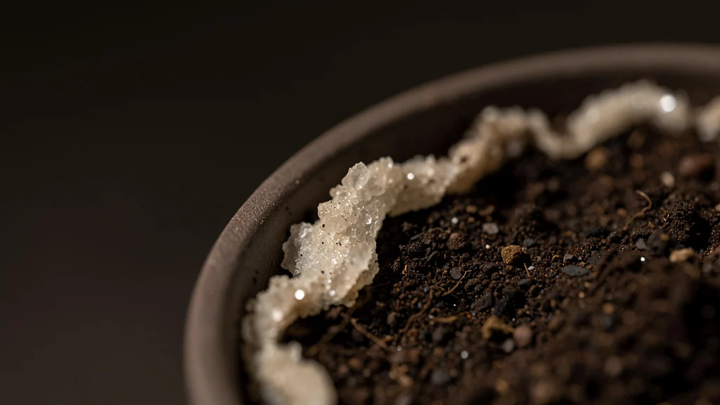 Substrato seco com crosta mineral branca na superfície de vaso de planta ||| Close-up de superfície de terra escura dentro de vaso de cerâmica, textura granulada com depósito esbranquiçado e cristalino distribuído pela borda interna, luz direta de cima, fundo escuro desfocado, fotografia macro com detalhes nítidos