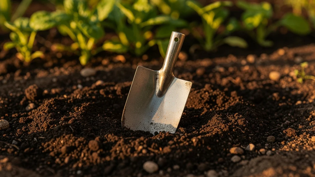 Borra de café nas plantas benefícios em canteiro de jardim ao ar livre com terra escura fértil ||| Canteiro de jardim com terra escura e úmida, pá pequena de metal fincada ao lado, folhas verdes vibrantes ao fundo, luz de tarde quente e lateral, textura de solo granulado, fotografia de jardim editorial