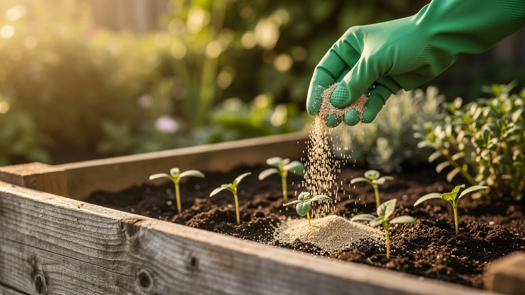 Cinza de madeira como adubo natural aplicada em horta orgânica no quintal ||| Mão com luva de borracha verde espalhando pó claro ao redor de mudas pequenas em terra escura, canteiro de madeira rústica, fundo com jardim desfocado em tons verdes, luz da manhã com sombras suaves, estética orgânica e artesanal