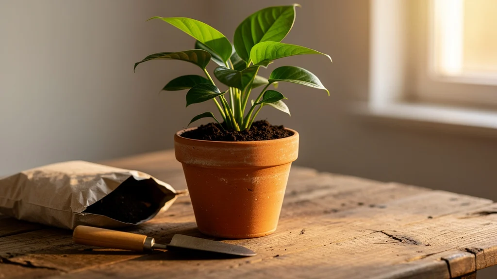 Vaso com planta verde saudável ao lado de ferramentas de jardinagem sobre mesa rústica ||| Vaso de barro com planta de folhas verdes vibrantes ao centro, colher de jardinagem pequena e saco de substrato ao lado, mesa de madeira rústica, luz de tarde entrando pela janela, composição lateral, fotografia de estilo de vida