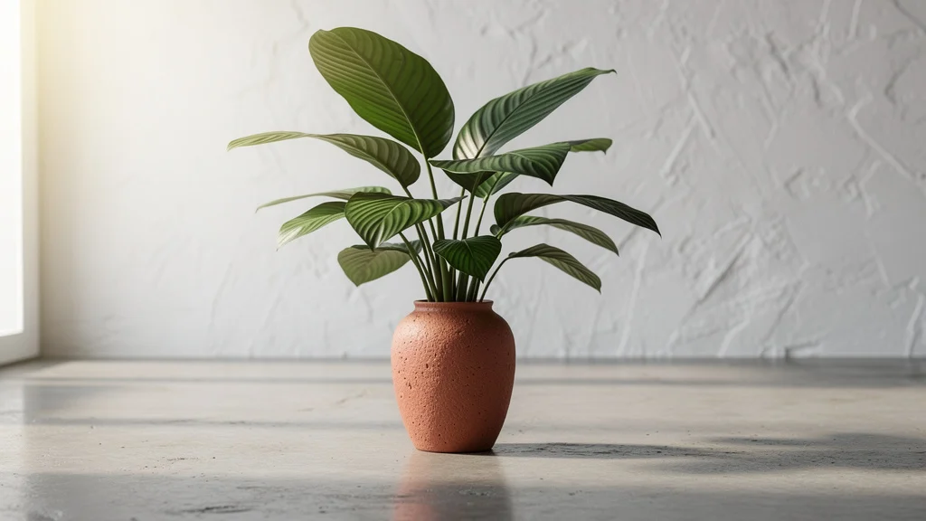 Vaso de plantas decorativo com planta de folhas largas bem distribuídas ||| Vaso de cerâmica texturizada em tom terracota sobre chão de concreto polido, planta com folhas verdes grandes e simétricas, luz natural lateral suave, ambiente minimalista com parede caiada ao fundo, composição fotográfica de editorial de casa