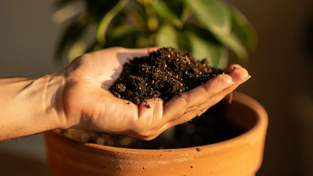 Húmus de minhoca escuro e rico em vaso de planta ||| Mão aberta com terra escura e granulada sobre vaso de barro com planta verde ao fundo, luz natural quente, close de textura do substrato rico, bokeh suave