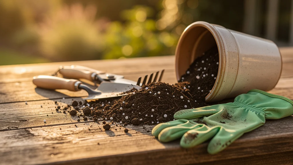 Lavagem do substrato antigo sendo renovado em vaso de plantas ||| Mesa de madeira rústica com vaso de cerâmica aberto ao lado, substrato escuro e granulado espalhado sobre superfície, luva de jardim verde apoiada na borda, ferramentas pequenas ao redor, luz quente de fim de tarde