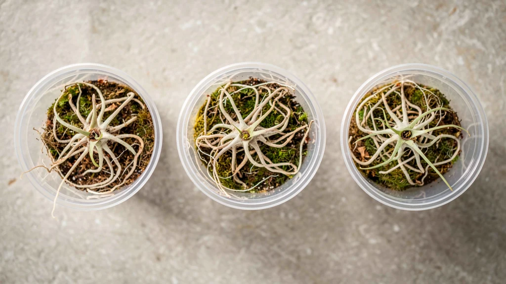 Velame de orquídea com cores diferentes de hidratação ||| Vista de cima de três vasos transparentes sobre superfície de pedra clara, raízes em tons de branco, verde e marrom visíveis através do plástico, iluminação difusa de estúdio, composição simétrica, fundo neutro levemente texturizado