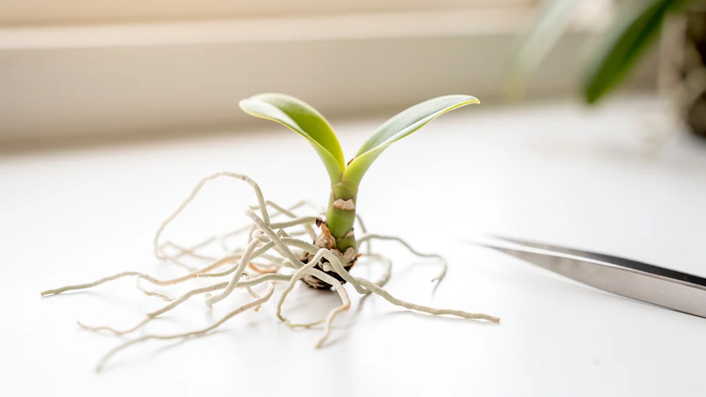 Hormônio enraizador para orquídeas aplicado em keikis ||| Keiki de orquídea com raízes aéreas finas e esbranquiçadas sobre bancada branca, pinça pequena ao lado, luz natural difusa de janela, tons brancos e verdes delicados, fotografia macro editorial